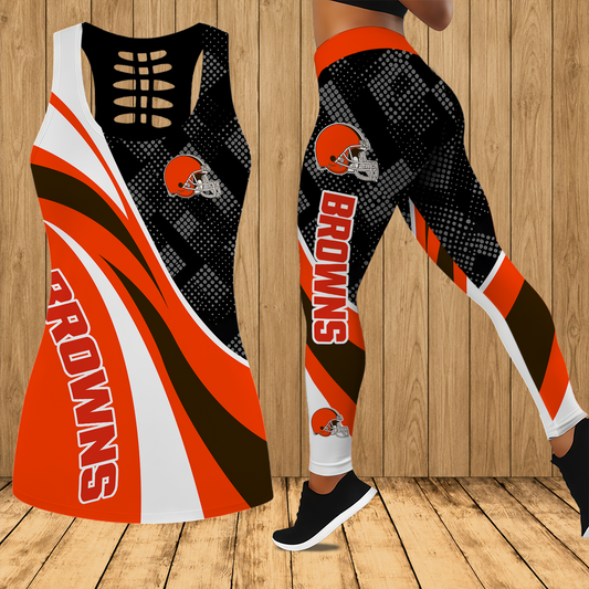 [SPECIAL OFFER] NEW CUSTOMIZED NFL29 CLB CLEVELAND BROWNS HOLLOW TANK TOP & LEGGINGS SET
