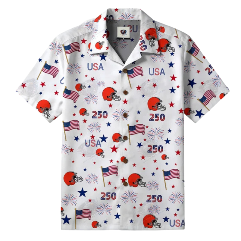 [SPECIAL OFFER] NEW CUSTOMIZED NFL29 CLB CLEVELAND BROWNS PATRIOTIC 250 USA HAWAIIAN SHIRT