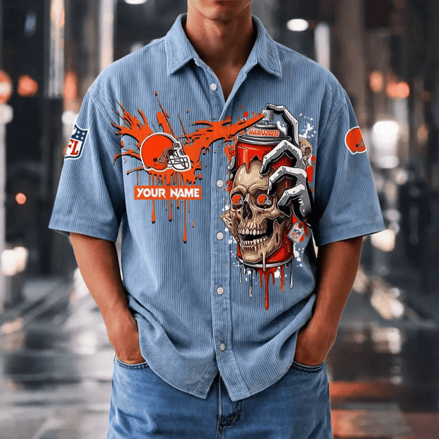 [SPECIAL OFFER] NEW CUSTOMIZED NFL29 CLB CLEVELAND BROWNS SEERSUCKER BUTTON SHIRT