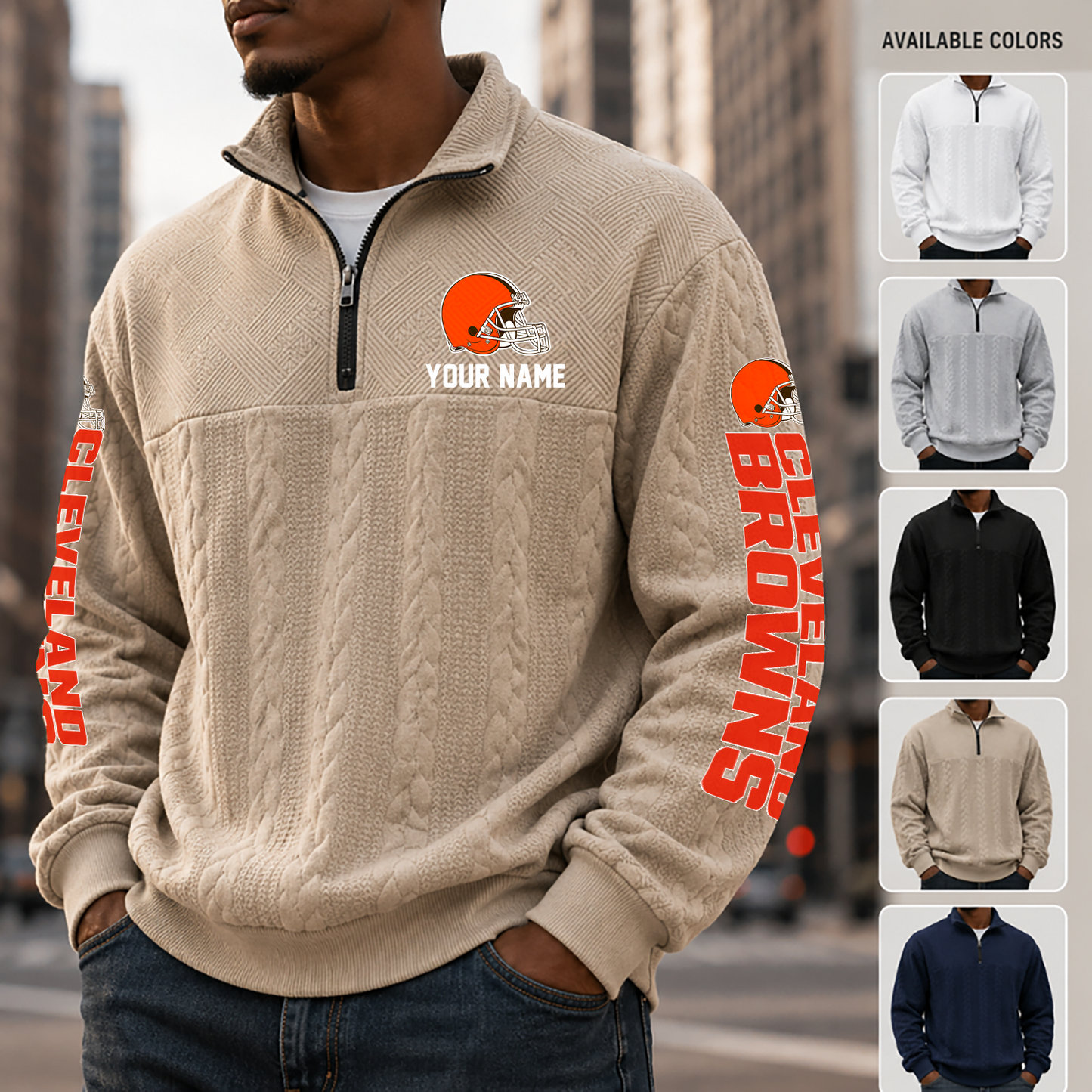 [SPECIAL OFFER] NEW CUSTOMIZED NFL29 CLB CLEVELAND BROWNS MULTICOLOR QUARTER-ZIP SWEATSHIRT