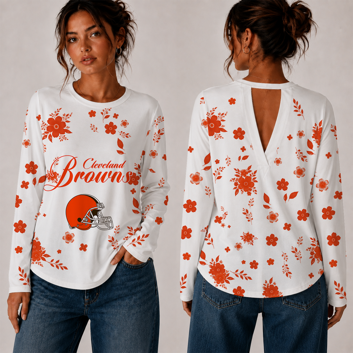 [SPECIAL OFFER] NEW CUSTOMIZED NFL29 CLB CLEVELAND BROWNS WOMEN'S BACK V-CUT LONG-SLEEVE SHIRT