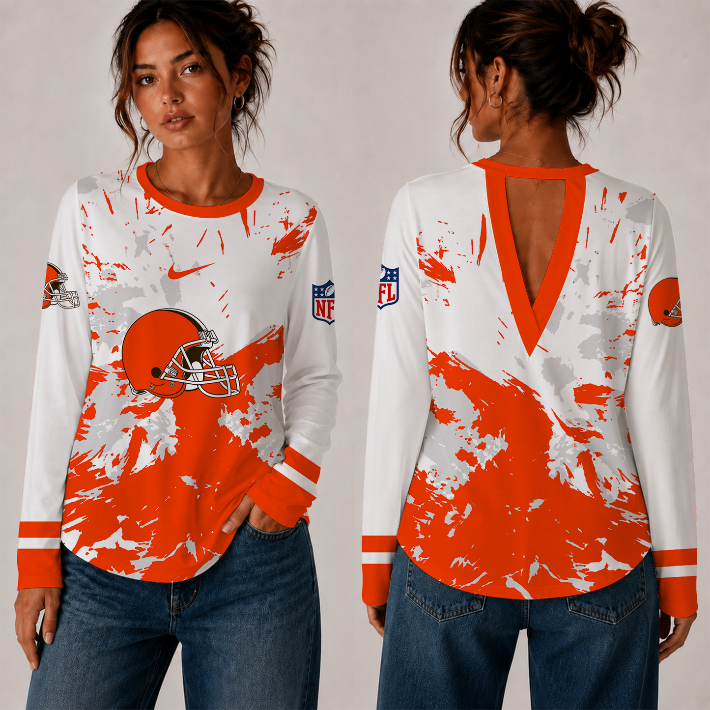 [SPECIAL OFFER] NEW CUSTOMIZED NFL29 CLB CLEVELAND BROWNS WOMEN'S BACK V-CUT LONG-SLEEVE SHIRT