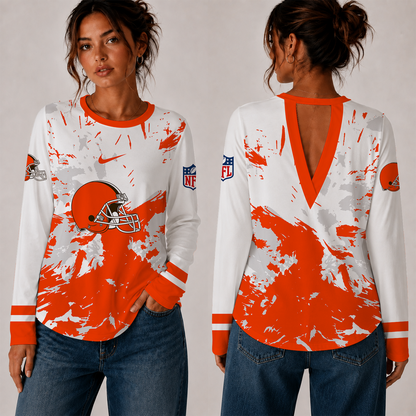 [SPECIAL OFFER] NEW CUSTOMIZED NFL29 CLB CLEVELAND BROWNS WOMEN'S BACK V-CUT LONG-SLEEVE SHIRT