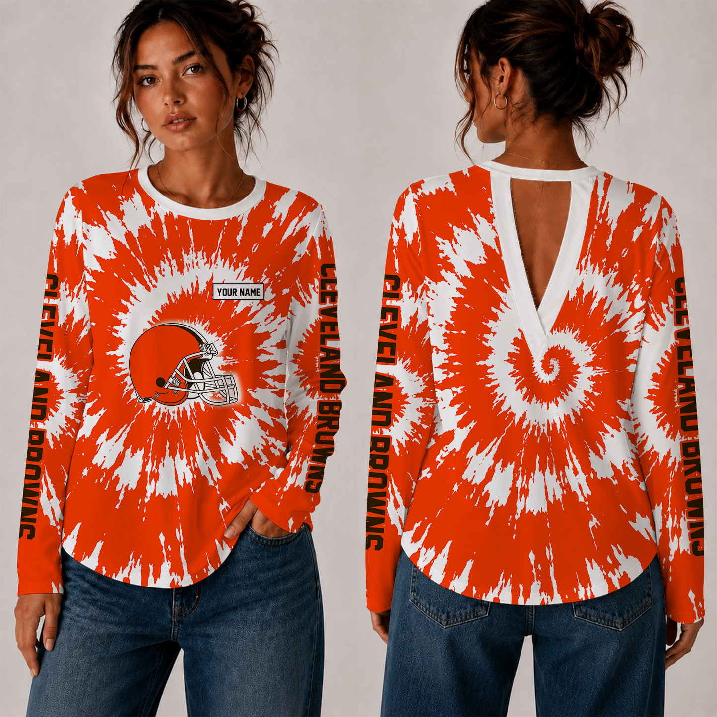 [SPECIAL OFFER] NEW CUSTOMIZED NFL29 CLB CLEVELAND BROWNS WOMEN'S BACK V-CUT LONG-SLEEVE SHIRT