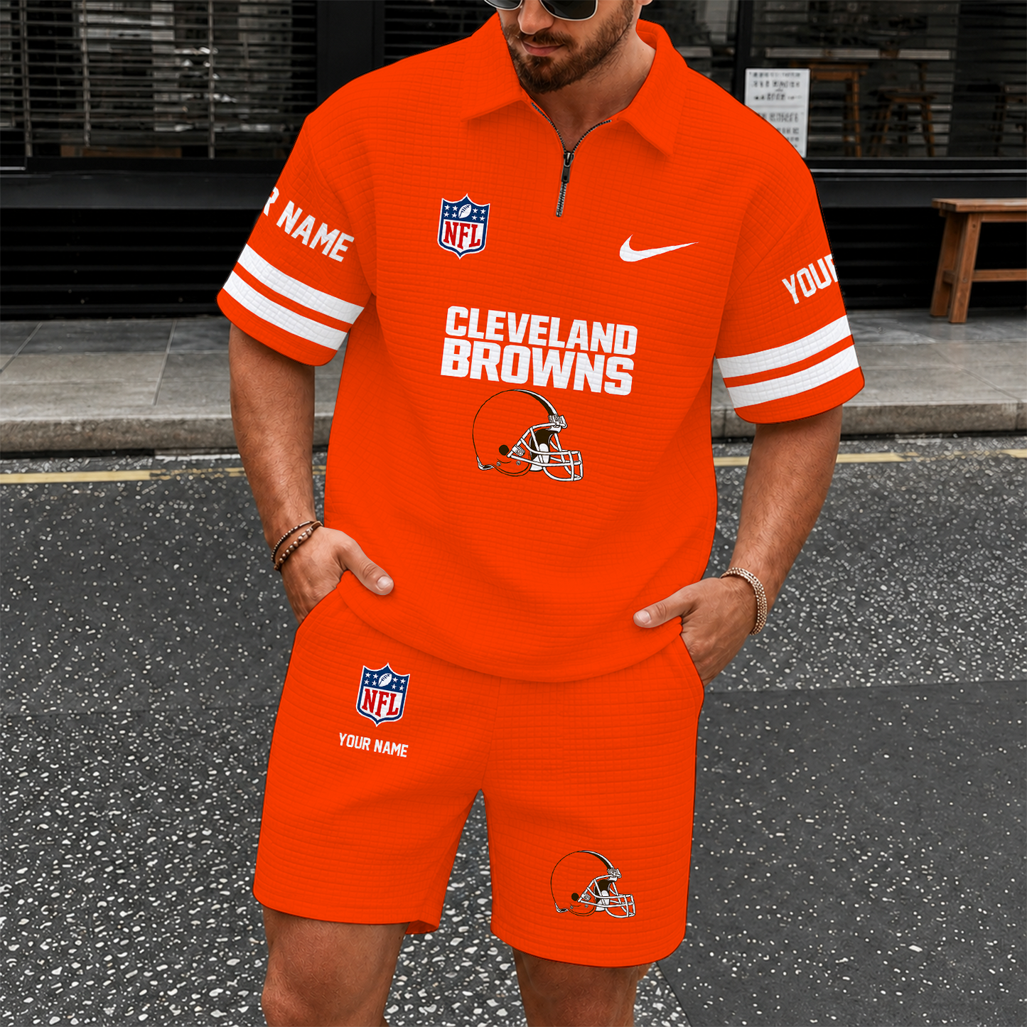 [SPECIAL OFFER] NEW CUSTOMIZED NFL29 CLB CLEVELAND BROWNS QUARTER-ZIP POLO SHIRT & SHORTS SET