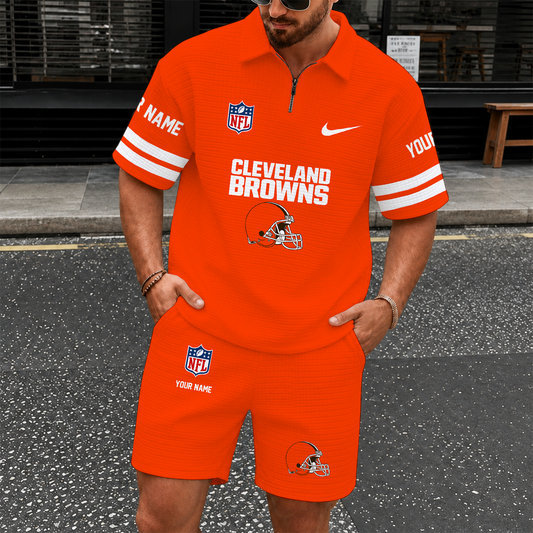 [SPECIAL OFFER] NEW CUSTOMIZED NFL29 CLB CLEVELAND BROWNS QUARTER-ZIP POLO SHIRT & SHORTS SET