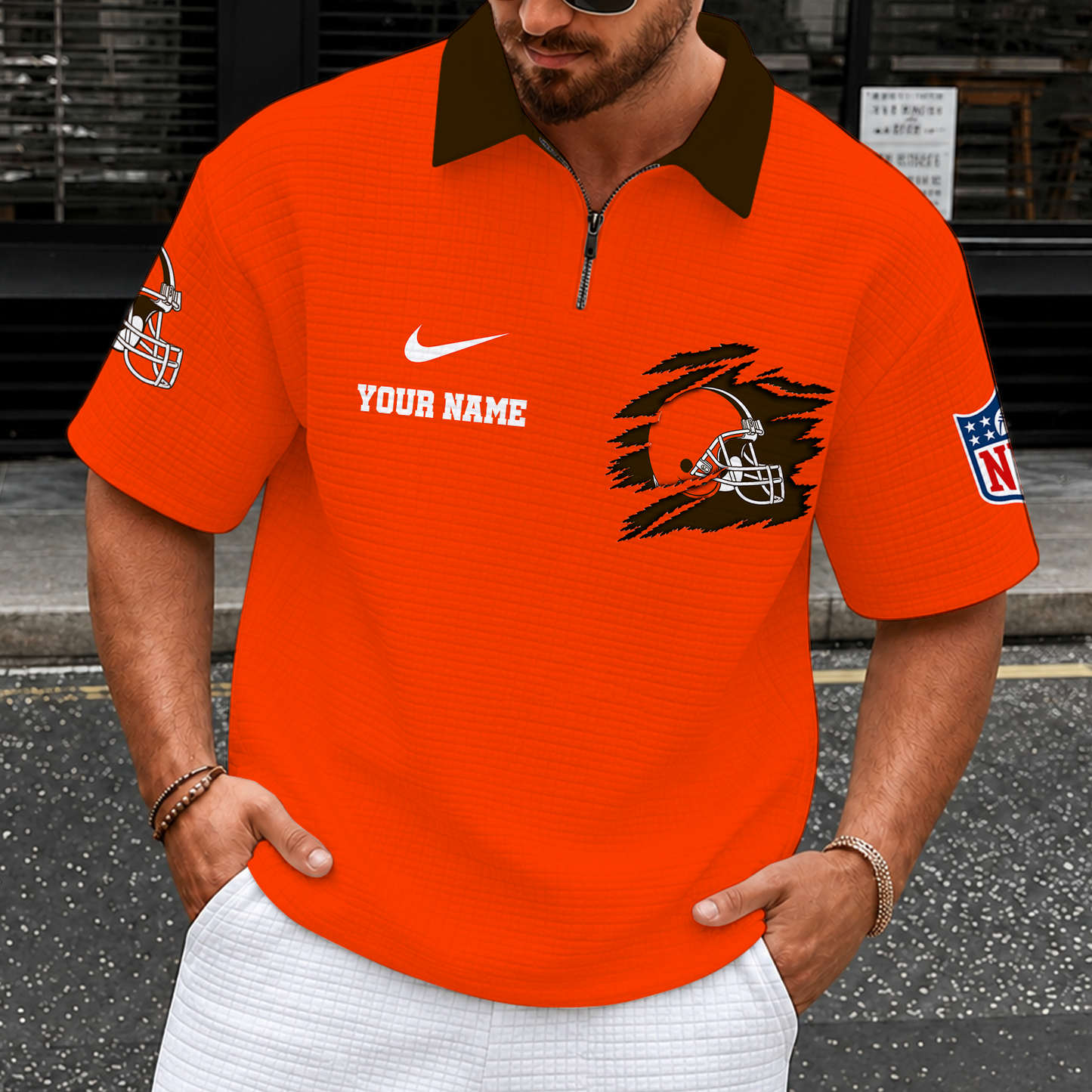 [SPECIAL OFFER] NEW CUSTOMIZED NFL29 CLB CLEVELAND BROWNS QUARTER-ZIP POLO SHIRT