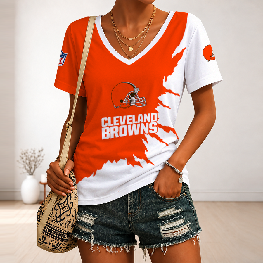 [SPECIAL OFFER] NEW CUSTOMIZED NFL29 CLB CLEVELAND BROWNS V-NECK FEMALE SHIRT