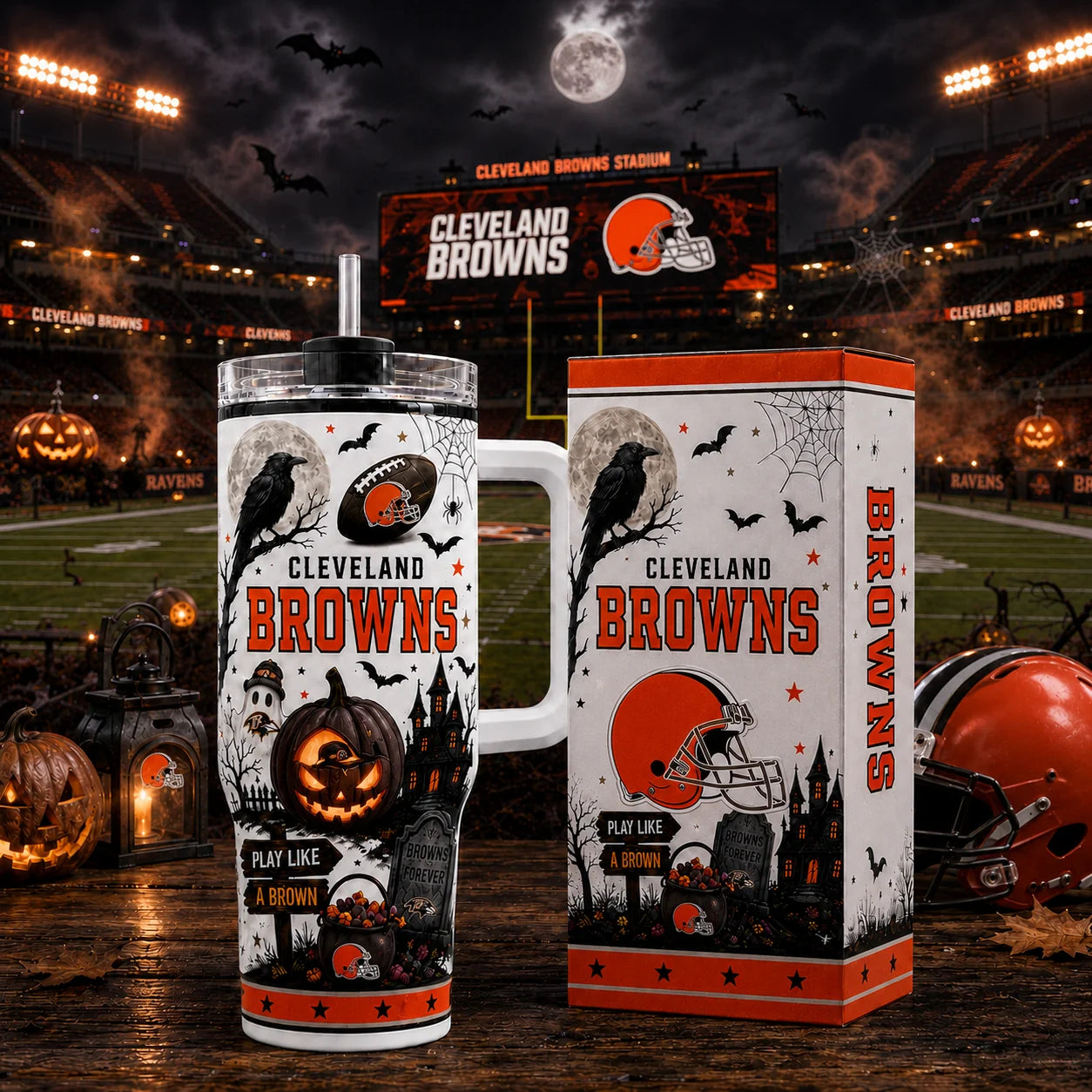 [SPECIAL OFFER] NEW CUSTOMIZED NFL29 CLB CLEVELAND BROWNS HALLOWEEN  40OZ TUMBLER