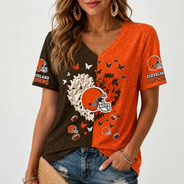 [SPECIAL OFFER] NEW CUSTOMIZED NFL29 CLB CLEVELAND BROWNS V-NECK FEMALE SHIRT