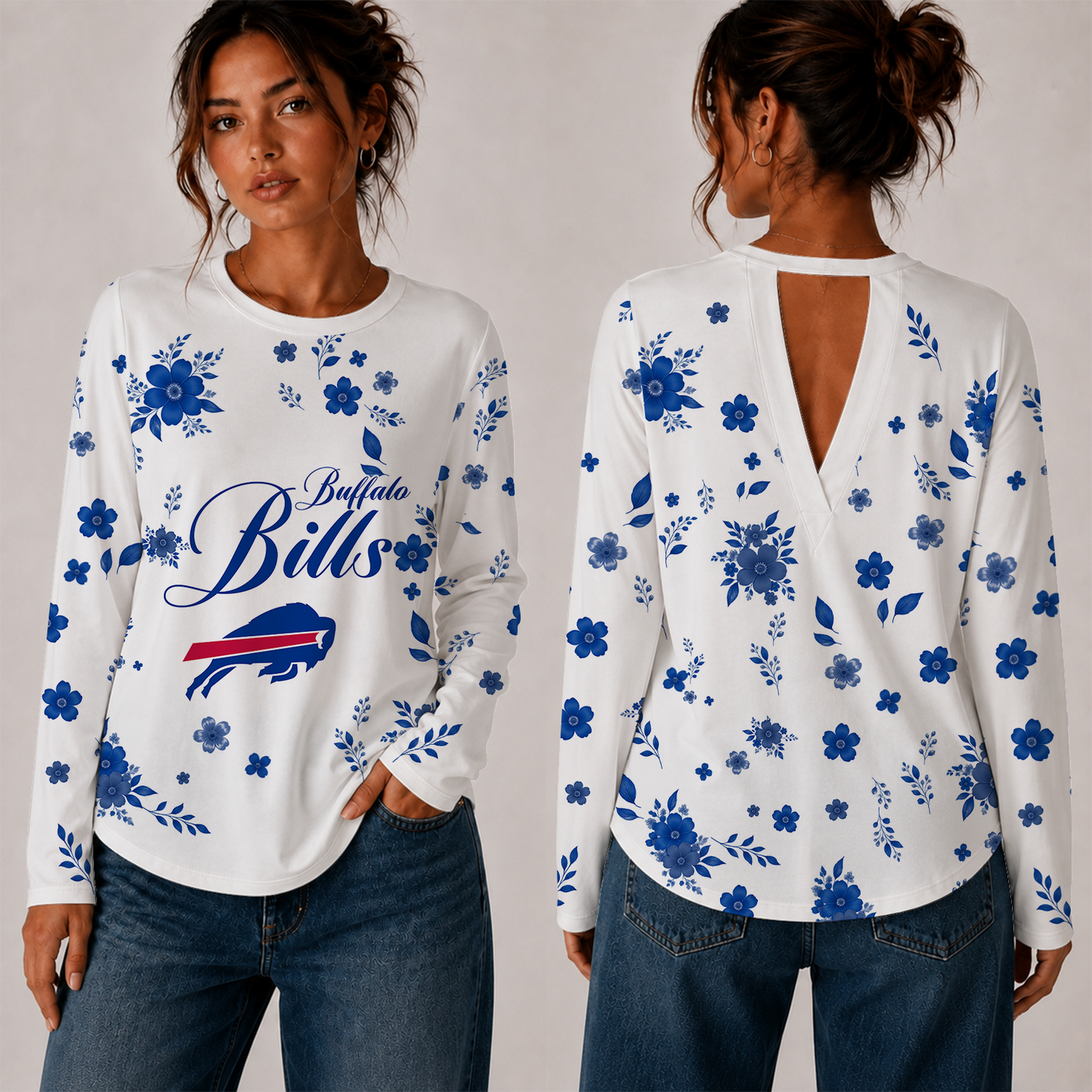 [SPECIAL OFFER] NEW CUSTOMIZED NFL03 BFB BUFFALO BILLS WOMEN'S BACK V-CUT LONG-SLEEVE SHIRT