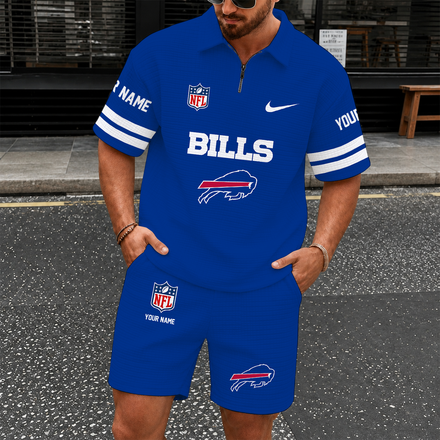 [SPECIAL OFFER] NEW CUSTOMIZED NFL03 BFB BUFFALO BILLS QUARTER-ZIP POLO SHIRT & SHORTS SET