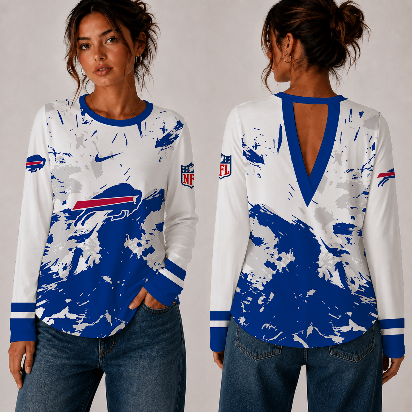 [SPECIAL OFFER] NEW CUSTOMIZED NFL03 BFB BUFFALO BILLS WOMEN'S BACK V-CUT LONG-SLEEVE SHIRT