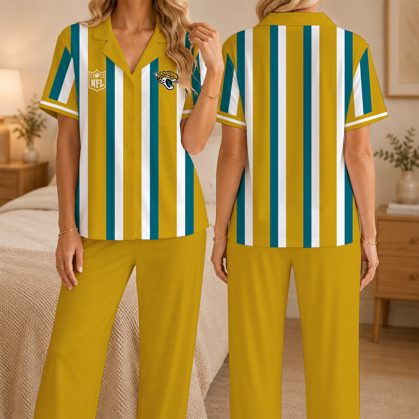 [SPECIAL OFFER] NEW CUSTOMIZED NFL30 JSJ JACKSONVILLE JAGUARS SHORT SLEEVE & LONG PANTS PAJAMAS SET