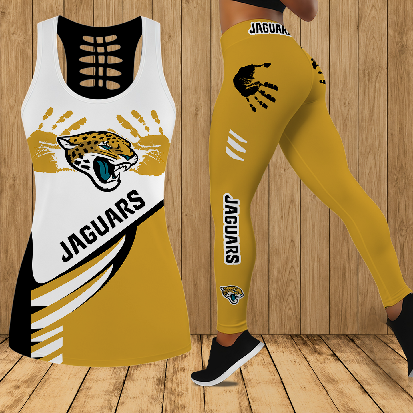 [SPECIAL OFFER] NEW CUSTOMIZED NFL30 JSJ JACKSONVILLE JAGUARS HOLLOW TANK TOP & LEGGINGS SET