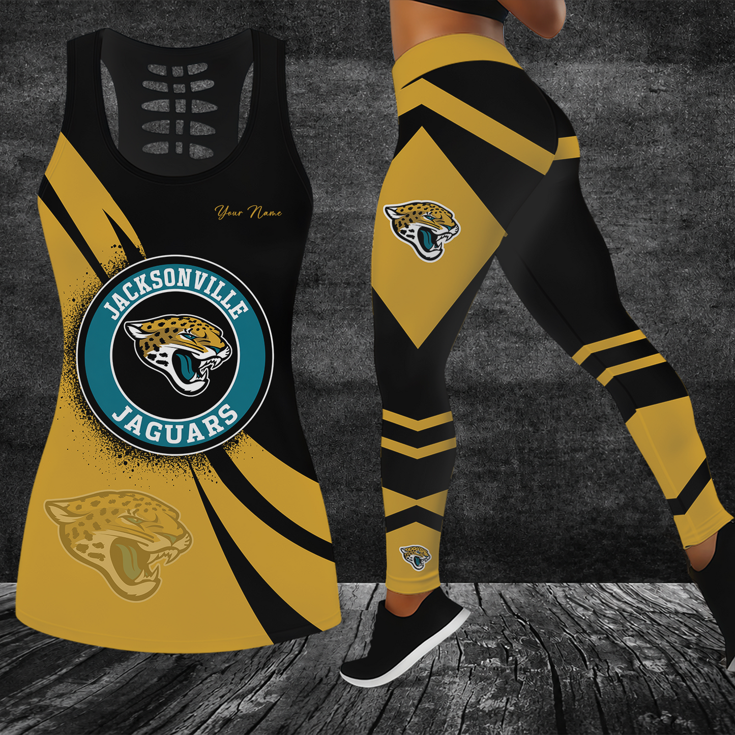 [SPECIAL OFFER] NEW CUSTOMIZED NFL30 JSJ JACKSONVILLE JAGUARS HOLLOW TANK TOP & LEGGINGS SET