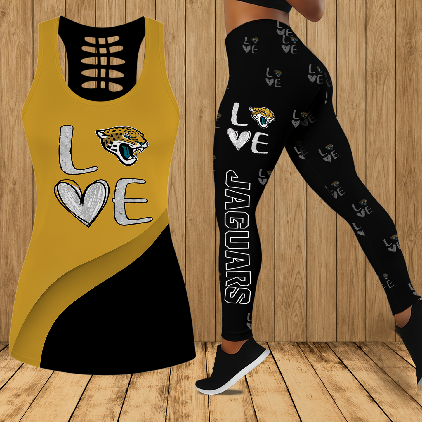 [SPECIAL OFFER] NEW CUSTOMIZED NFL30 JSJ JACKSONVILLE JAGUARS HOLLOW TANK TOP & LEGGINGS SET