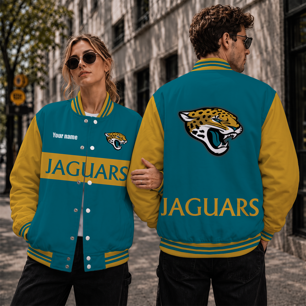 [SPECIAL OFFER] NEW CUSTOMIZED NFL30 JSJ JACKSONVILLE JAGUARS SATIN VARSITY & BASEBALL JACKET