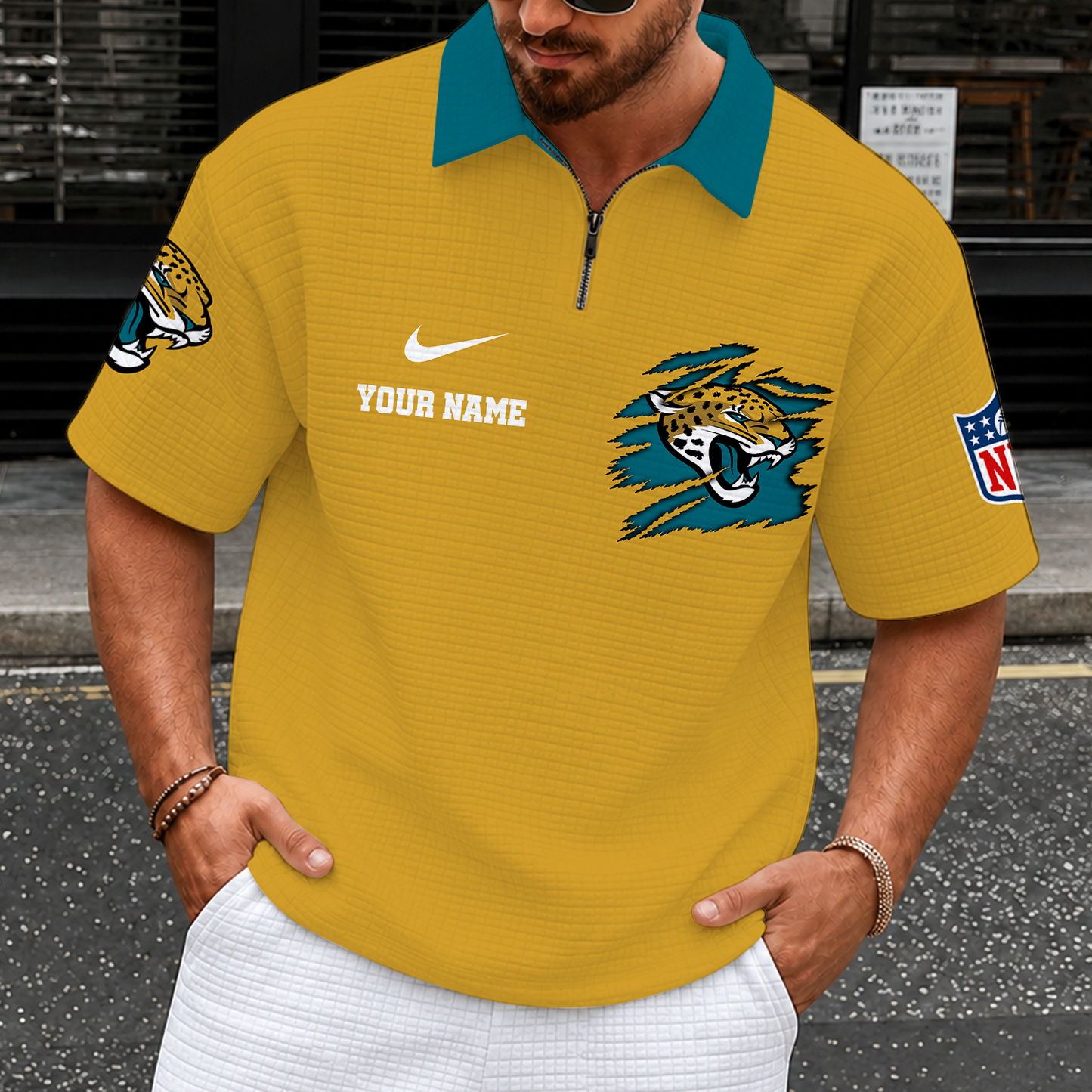 [SPECIAL OFFER] NEW CUSTOMIZED NFL30 JSJ JACKSONVILLE JAGUARS QUARTER-ZIP POLO SHIRT