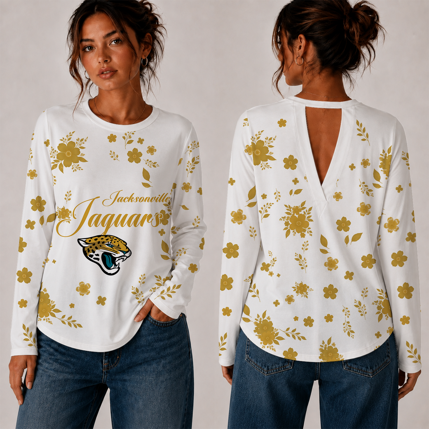 [SPECIAL OFFER] NEW CUSTOMIZED NFL30 JSJ JACKSONVILLE JAGUARS WOMEN'S BACK V-CUT LONG-SLEEVE SHIRT