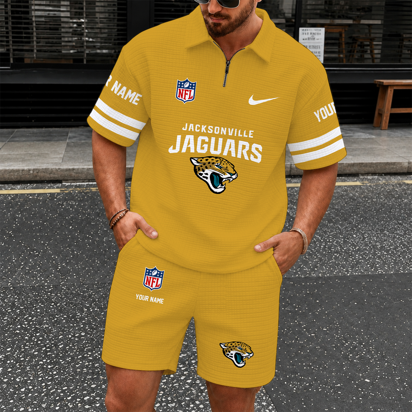 [SPECIAL OFFER] NEW CUSTOMIZED NFL30 JSJ JACKSONVILLE JAGUARS QUARTER-ZIP POLO SHIRT & SHORTS SET