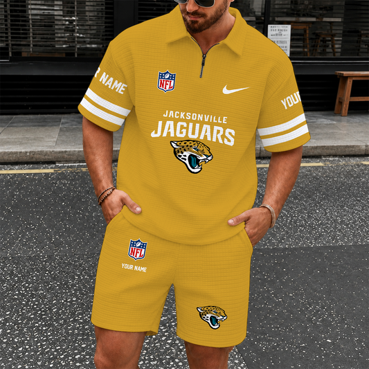 [SPECIAL OFFER] NEW CUSTOMIZED NFL30 JSJ JACKSONVILLE JAGUARS QUARTER-ZIP POLO SHIRT & SHORTS SET