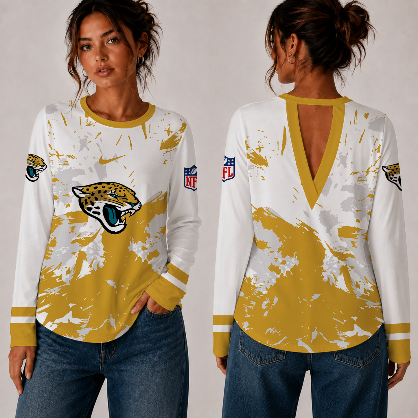 [SPECIAL OFFER] NEW CUSTOMIZED NFL30 JSJ JACKSONVILLE JAGUARS WOMEN'S BACK V-CUT LONG-SLEEVE SHIRT