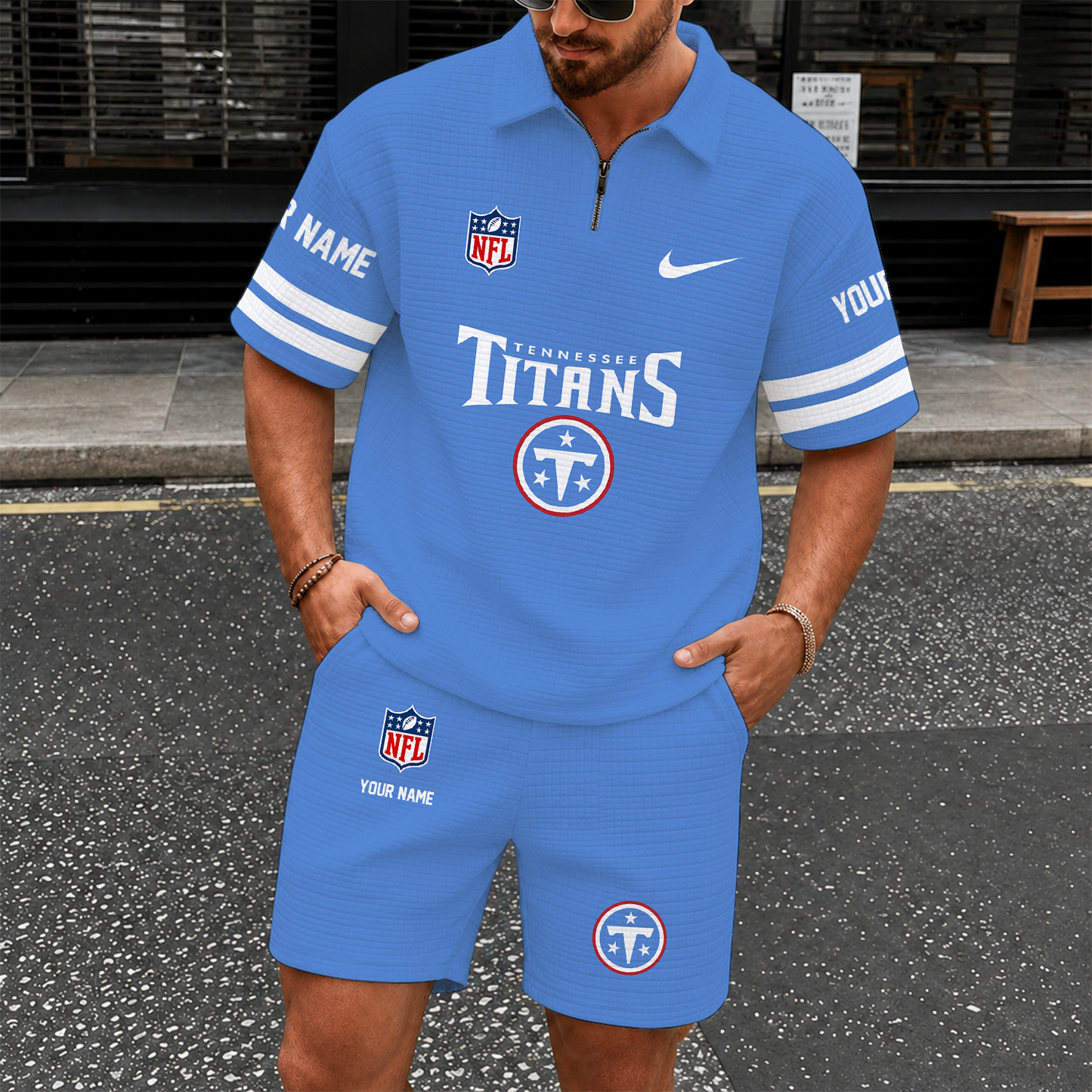 [SPECIAL OFFER] NEW CUSTOMIZED NFL31 TST TENNESSEE TITANS QUARTER-ZIP POLO SHIRT & SHORTS SET
