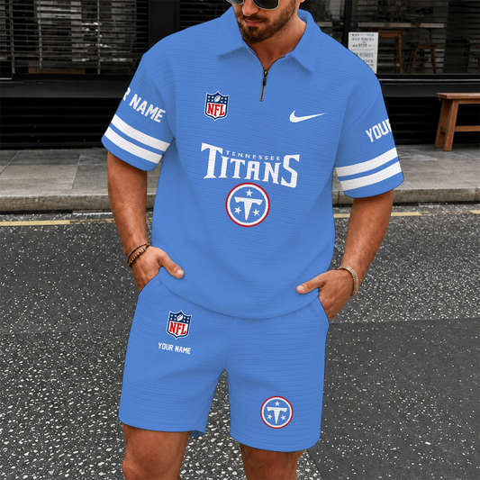 [SPECIAL OFFER] NEW CUSTOMIZED NFL31 TST TENNESSEE TITANS QUARTER-ZIP POLO SHIRT & SHORTS SET