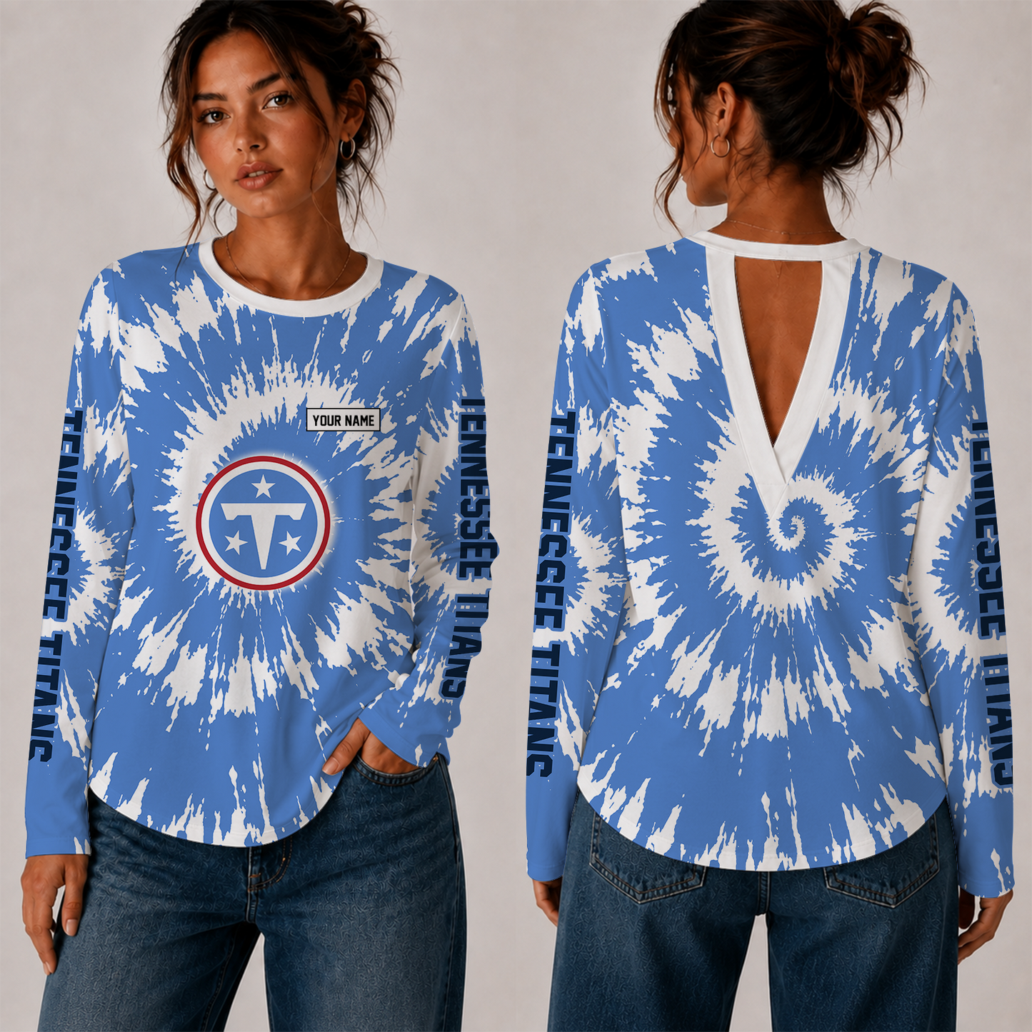 [SPECIAL OFFER] NEW CUSTOMIZED NFL31 TST TENNESSEE TITANS WOMEN'S BACK V-CUT LONG-SLEEVE SHIRT