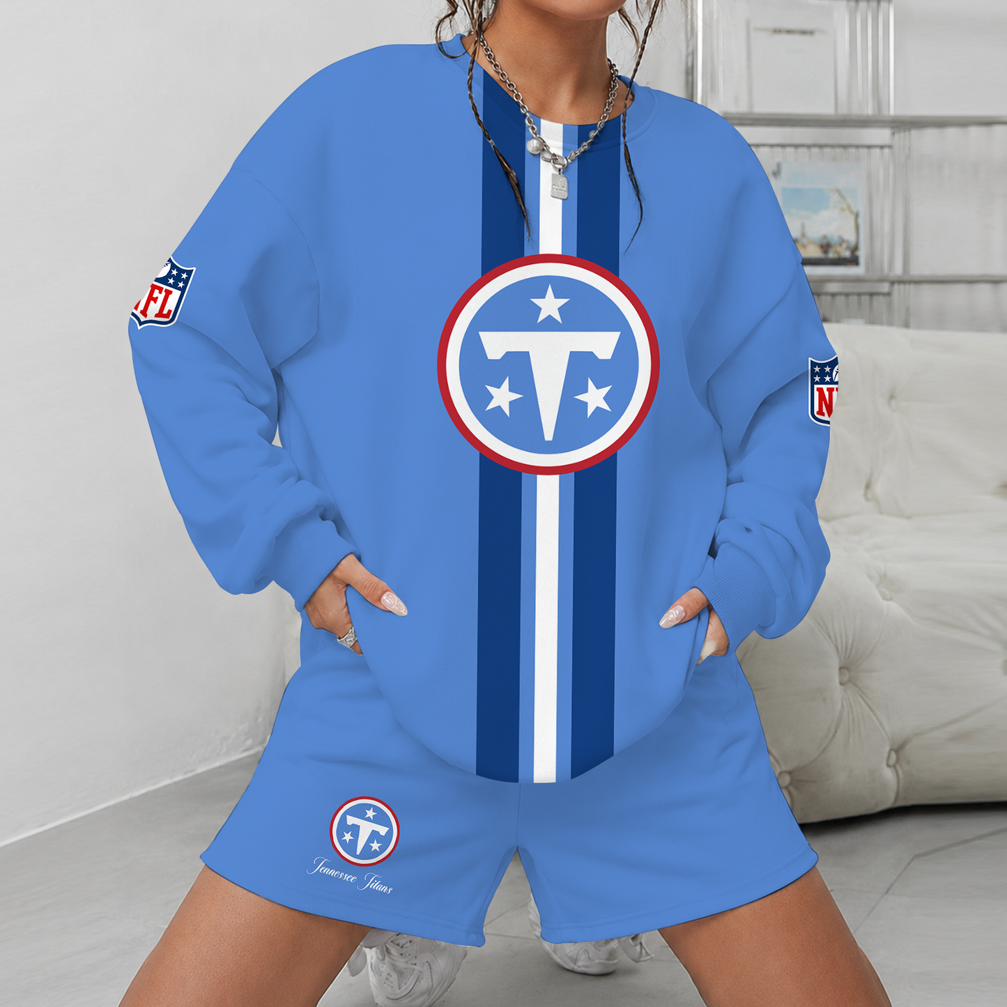 [SPECIAL OFFER] NEW CUSTOMIZED NFL31 TST TENNESSEE TITANS UNISEX SWEATSHIRT & SHORTS SET