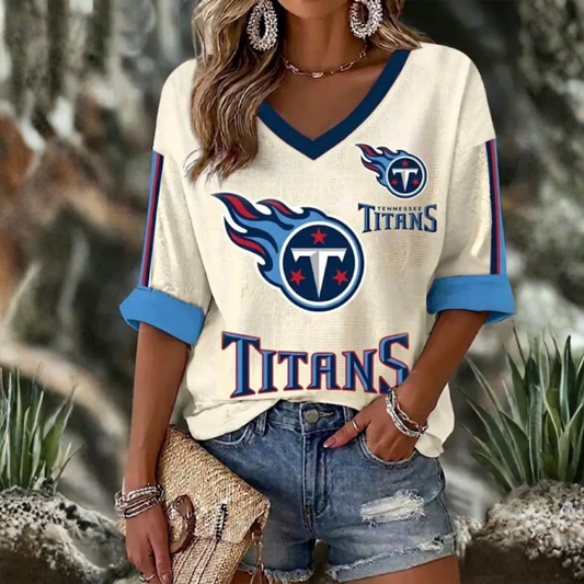 [SPECIAL OFFER] NEW CUSTOMIZED NFL31 TST TENNESSEE TITANS WOMEN'S HEART V-NECK LONG SLEEVE SHIRT