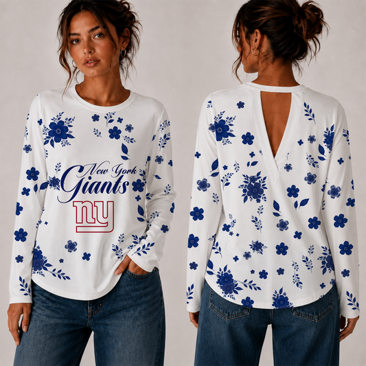 [SPECIAL OFFER] NEW CUSTOMIZED NFL32 NYG NEW YORK GIANTS WOMEN'S BACK V-CUT LONG-SLEEVE SHIRT