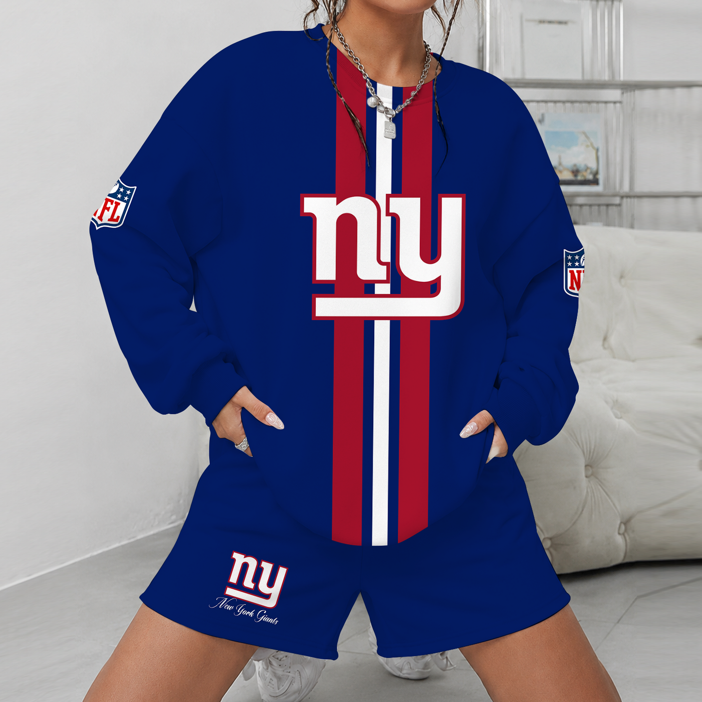 [SPECIAL OFFER] NEW CUSTOMIZED NFL32 NYG NEW YORK GIANTS UNISEX SWEATSHIRT & SHORTS SET