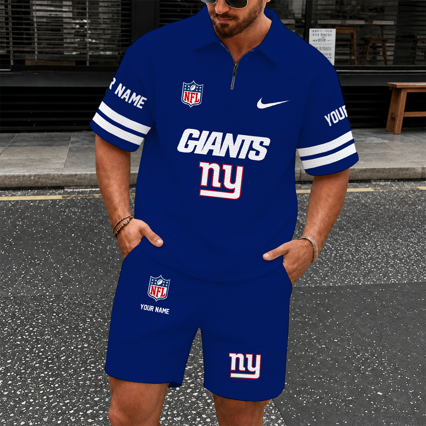 [SPECIAL OFFER] NEW CUSTOMIZED NFL32 NYG NEW YORK GIANTS QUARTER-ZIP POLO SHIRT & SHORTS SET