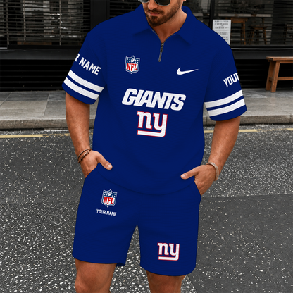 [SPECIAL OFFER] NEW CUSTOMIZED NFL32 NYG NEW YORK GIANTS QUARTER-ZIP POLO SHIRT & SHORTS SET