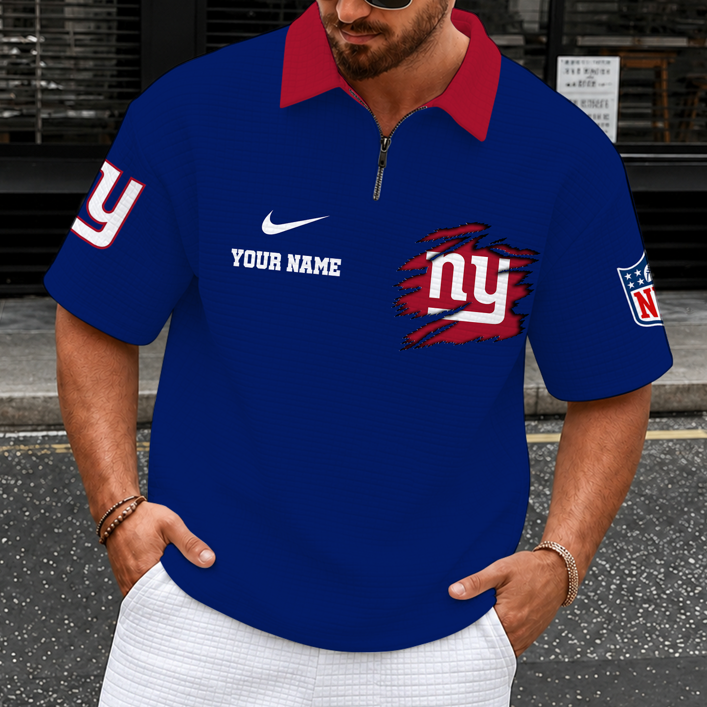 [SPECIAL OFFER] NEW CUSTOMIZED NFL32 NYG NEW YORK GIANTS QUARTER-ZIP POLO SHIRT