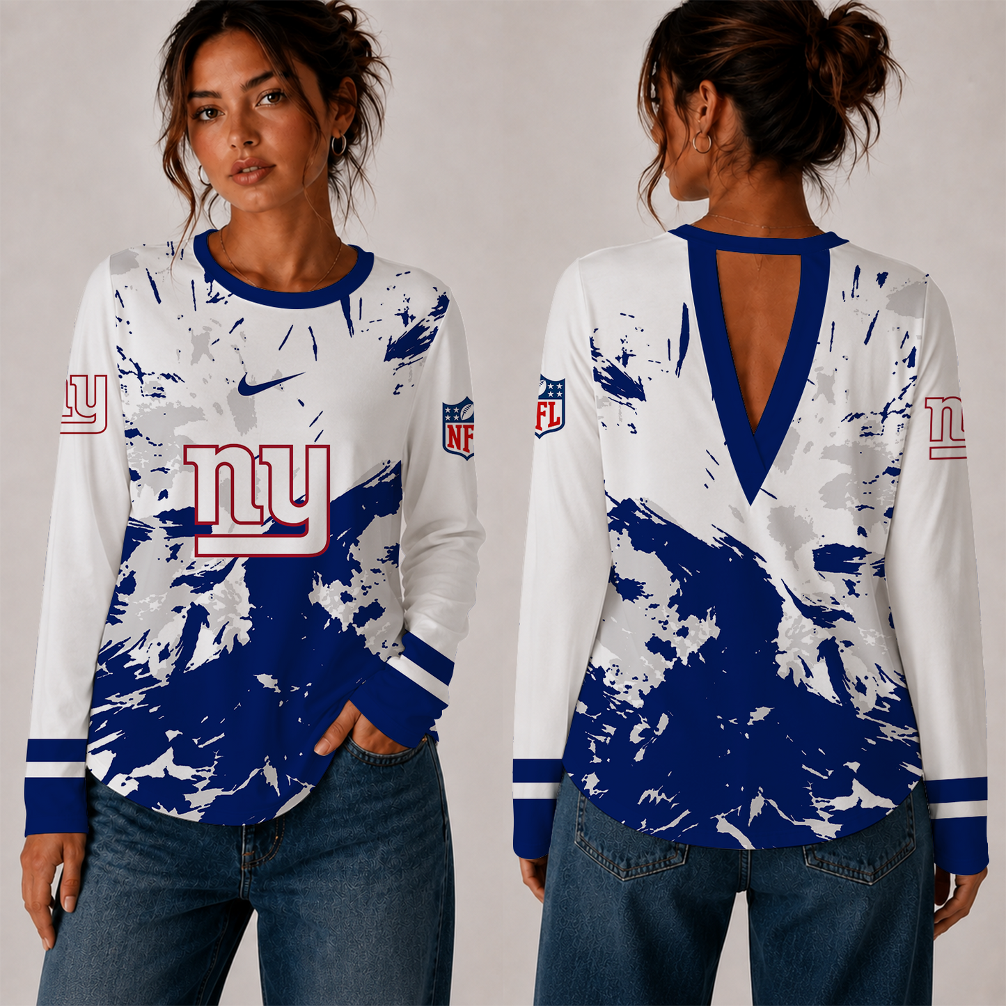 [SPECIAL OFFER] NEW CUSTOMIZED NFL32 NYG NEW YORK GIANTS WOMEN'S BACK V-CUT LONG-SLEEVE SHIRT