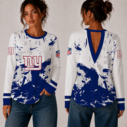 [SPECIAL OFFER] NEW CUSTOMIZED NFL32 NYG NEW YORK GIANTS WOMEN'S BACK V-CUT LONG-SLEEVE SHIRT