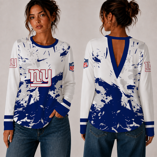 [SPECIAL OFFER] NEW CUSTOMIZED NFL32 NYG NEW YORK GIANTS WOMEN'S BACK V-CUT LONG-SLEEVE SHIRT