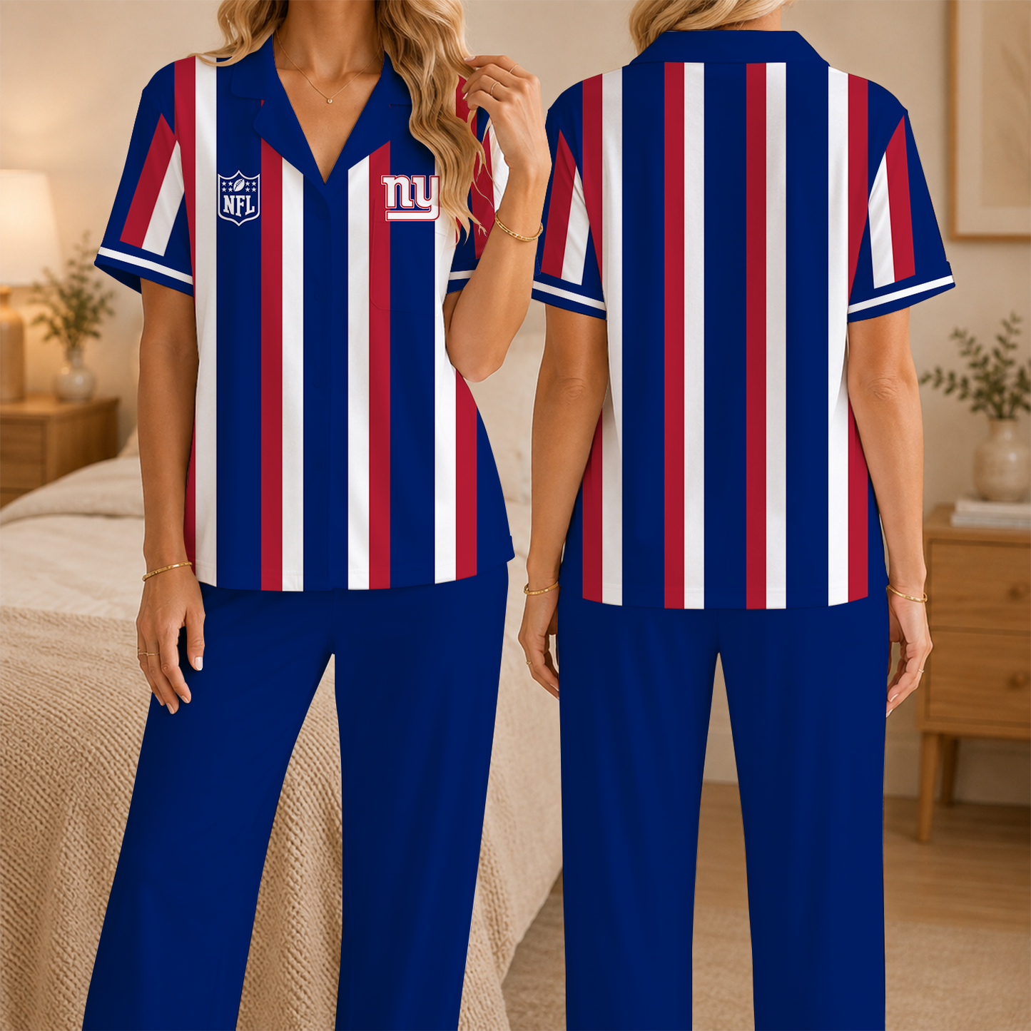 [SPECIAL OFFER] NEW CUSTOMIZED NFL32 NYG NEW YORK GIANTS SHORT SLEEVE & LONG PANTS PAJAMAS SET