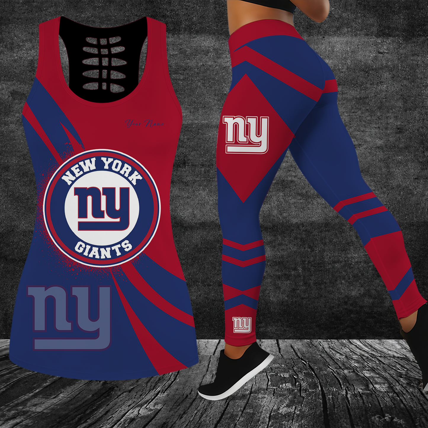 [SPECIAL OFFER] NEW CUSTOMIZED NFL32 NYG NEW YORK GIANTS HOLLOW TANK TOP & LEGGINGS SET