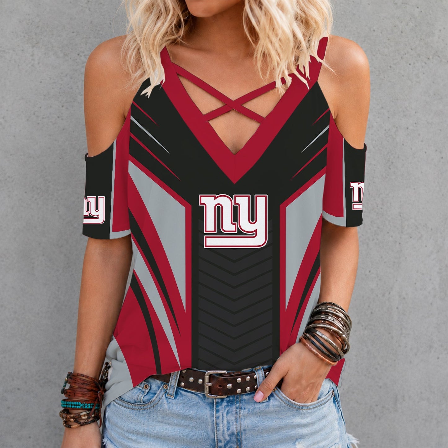[SPECIAL OFFER] NEW CUSTOMIZED NFL32 NYG NEW YORK GIANTS CRISS CROSS V-NECK TOP