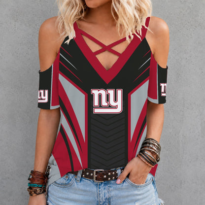 [SPECIAL OFFER] NEW CUSTOMIZED NFL32 NYG NEW YORK GIANTS CRISS CROSS V-NECK TOP