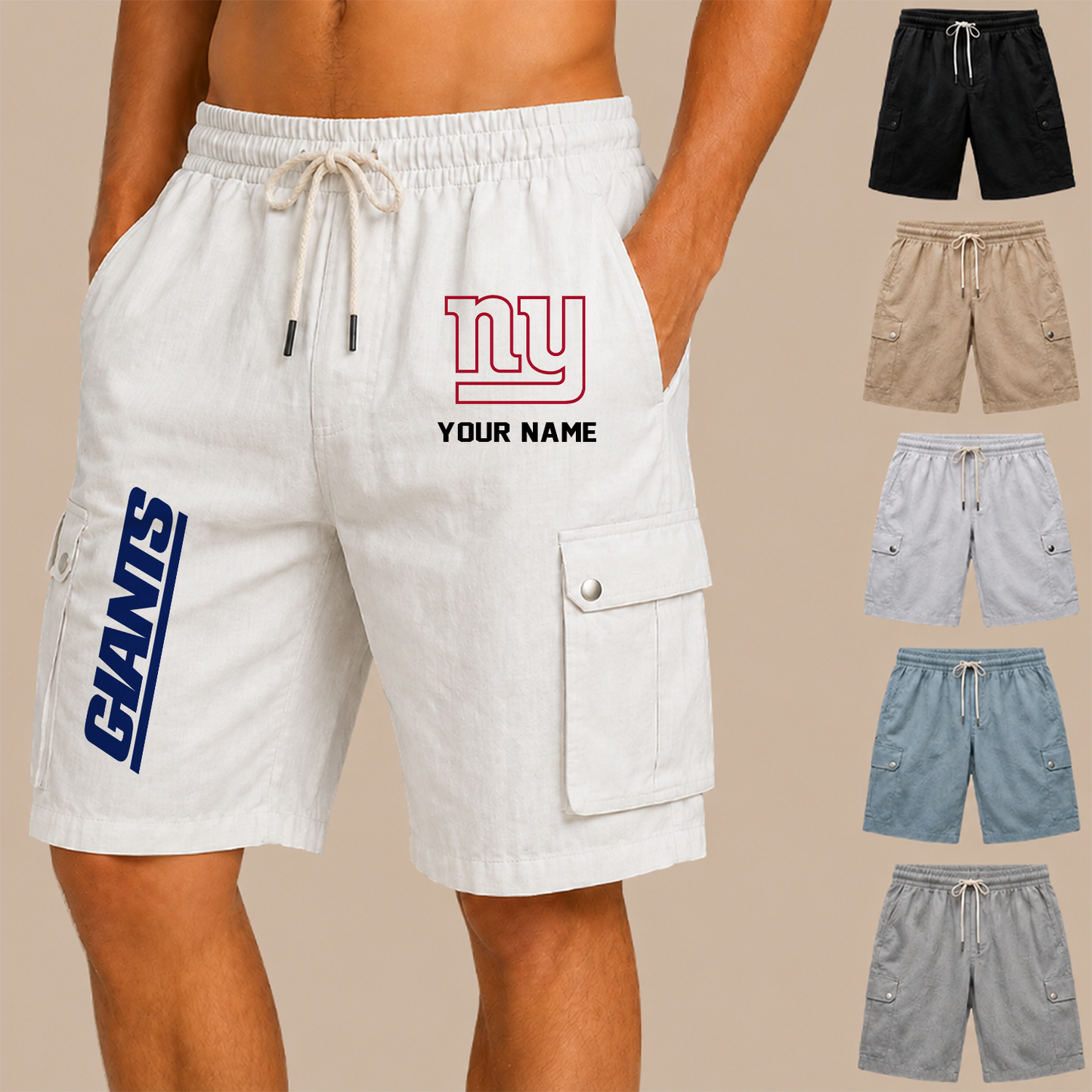 [SPECIAL OFFER] NEW CUSTOMIZED NFL32 NYG NEW YORK GIANTS MEN'S DRAWSTRING CARGO SHORTS