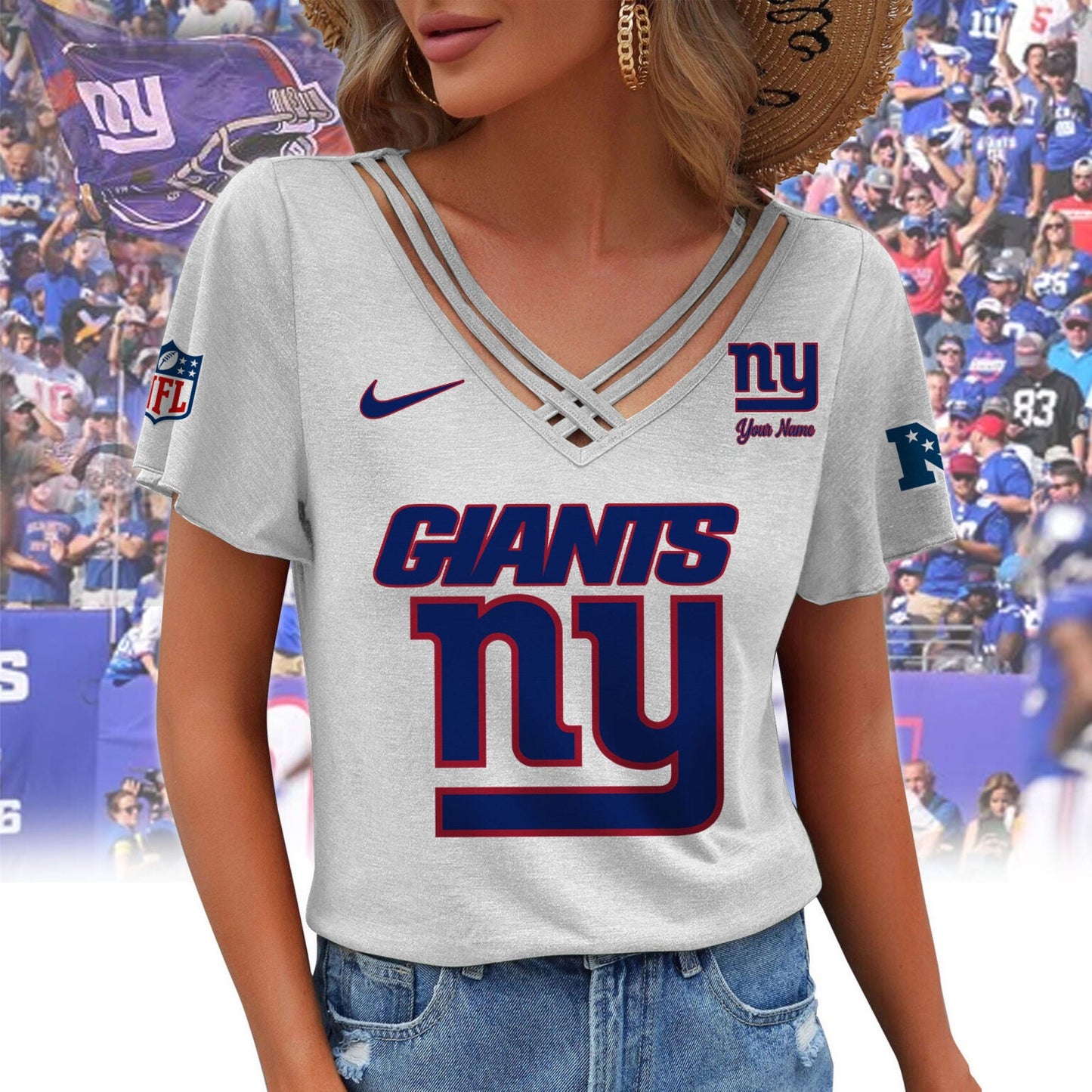 [SPECIAL OFFER] NEW CUSTOMIZED NFL32 NYG NEW YORK GIANTS V-NECK SHIRT