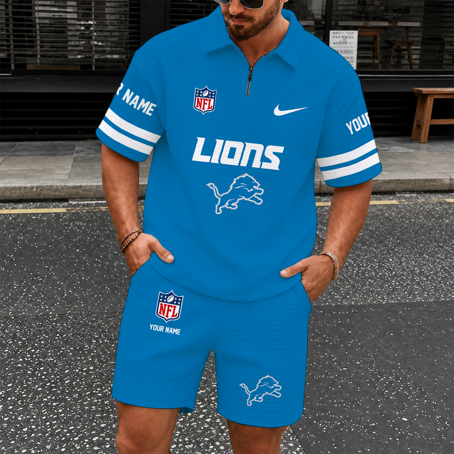 [SPECIAL OFFER] NEW CUSTOMIZED NFL04 DTL DETROIT LIONS QUARTER-ZIP POLO SHIRT & SHORTS SET