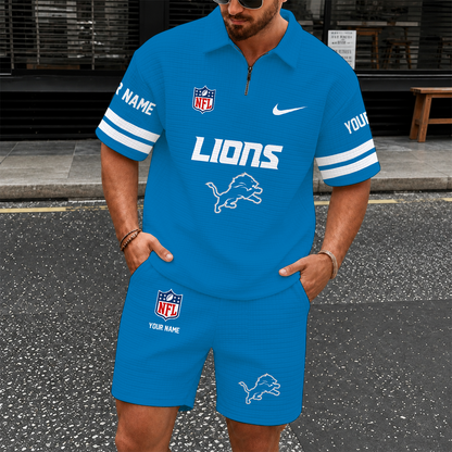 [SPECIAL OFFER] NEW CUSTOMIZED NFL04 DTL DETROIT LIONS QUARTER-ZIP POLO SHIRT & SHORTS SET