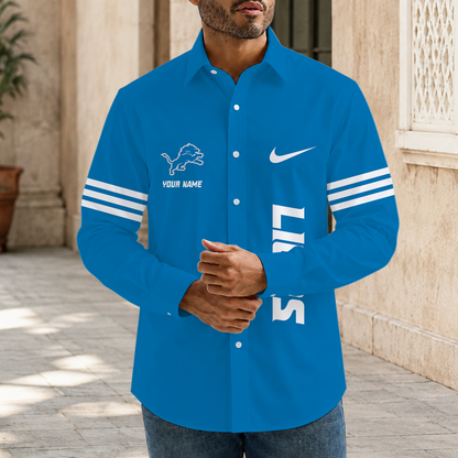 [SPECIAL OFFER] NEW CUSTOMIZED NFL04 DTL DETROIT LIONS MEN'S LONG SLEEVE BUTTON-UP SHIRT