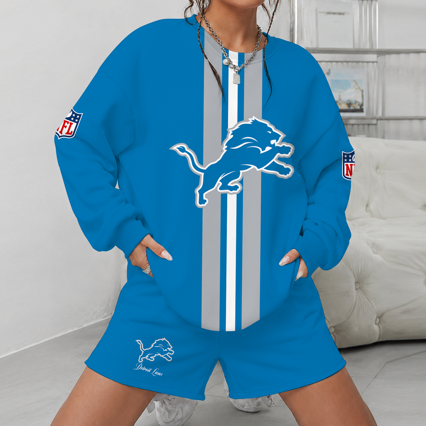 [SPECIAL OFFER] NEW CUSTOMIZED NFL04 DTL DETROIT LIONS UNISEX SWEATSHIRT & SHORTS SET